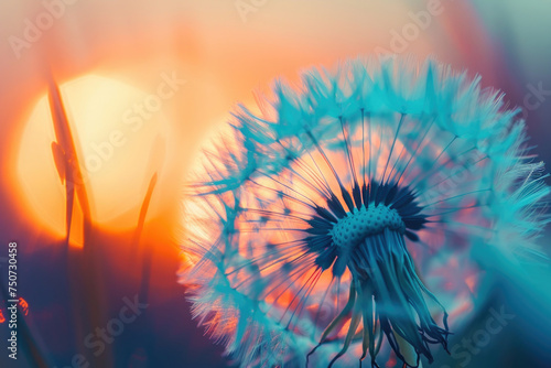 Dandelion in field at sunset  close up