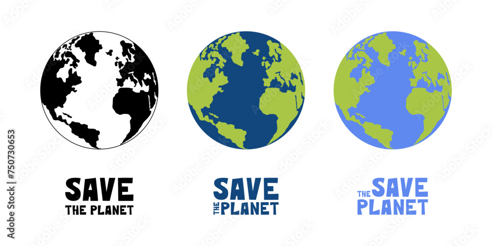Obraz premium Planet Earth vector illustration with Save the Planet lettering phrase designs. Protect the Earth, saving nature, ecology, environment problems logo, icon, banner, poster set clipart