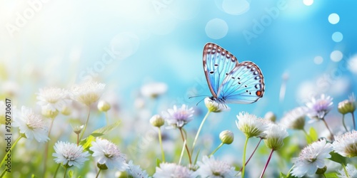 Blue Butterfly Flying Over Field of White Flowers