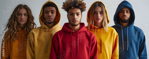Mockup of a blank hoodie A diverse group of individuals modeling blank hoodies showcasing the versatility of the garment. Concept Fashion, Clothing, Diversity, Modeling, Blank Hoodies photo