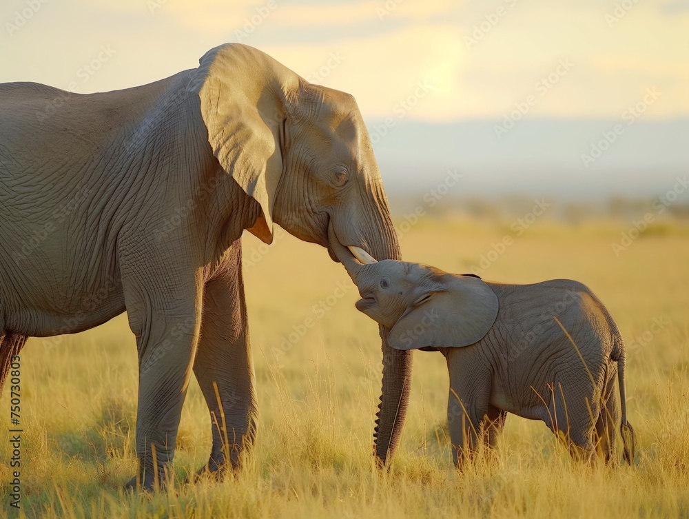 A baby elephant stays close to its protective mother in the vast African savannah, symbolizing family bonds