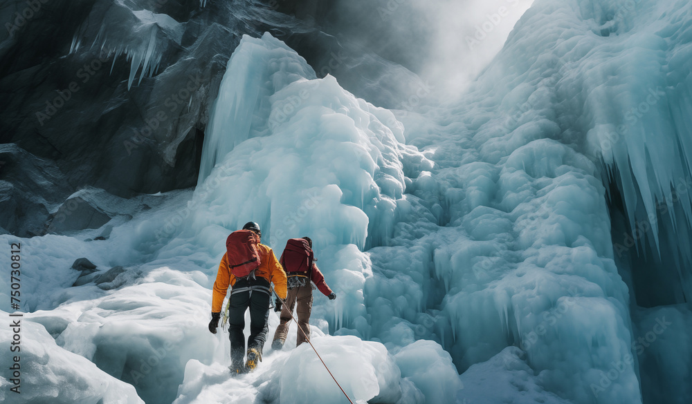 Rope team climbers dressed in climbing clothes,safety harnesses under frozen vertical waterfall icefall during high mountanaring ascending mount peak. Active people and sports activities concept image - obrazy, fototapety, plakaty 