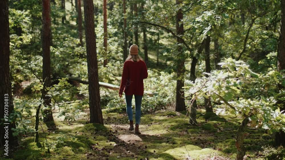Beautiful young woman walking in the forest. Relaxing, meditating and finding a peace in the nature Beautiful young woman walking in the forest. Relaxing, meditating and finding a peace in the nature