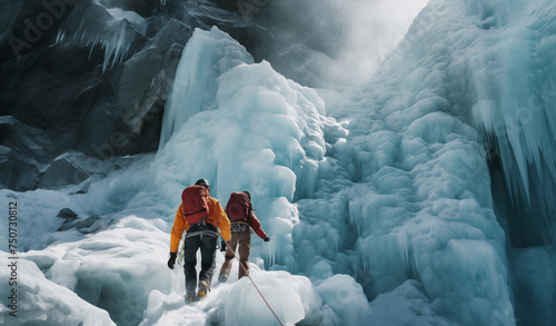 Rope team climbers dressed in climbing clothes,safety harnesses under frozen vertical waterfall icefall during high mountanaring ascending mount peak. Active people and sports activities concept image