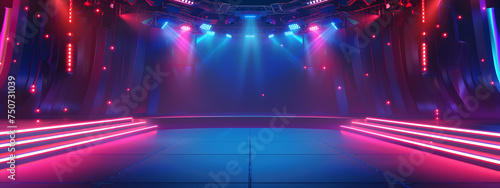 An empty dramatic spotlight shines on a stage bathed in colorful concert lights. © Alice a.