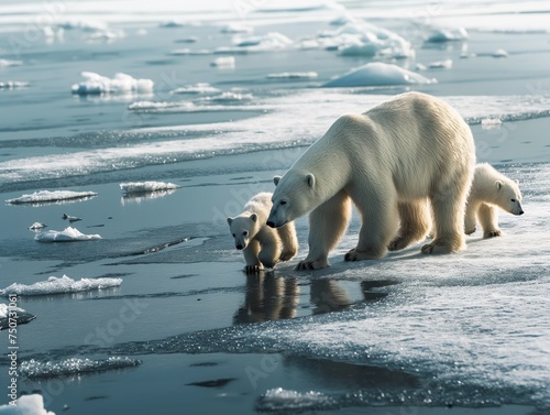 A polar bear mother and her cubs navigate melting ice  highlighting climate change impacts on wildlife