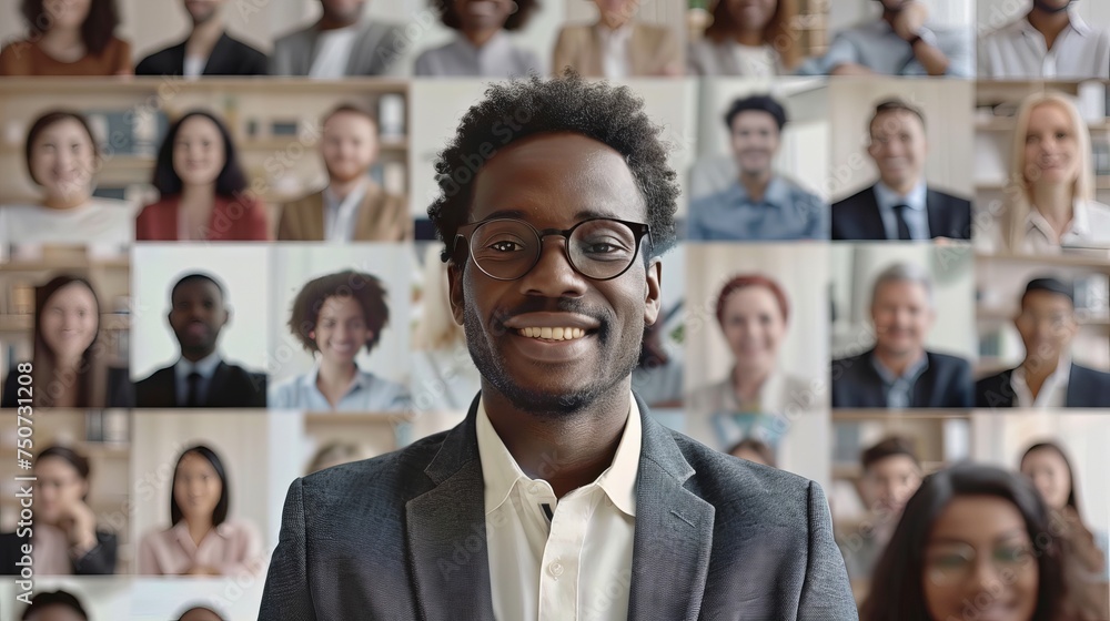 Screen of multiple work colleagues on video call. Team meeting online, grid of diverse faces on webcam, virtual collaboration Screen of multiple work colleagues on video call. Team meeting online, grid of diverse faces on webcam, virtual collaboration