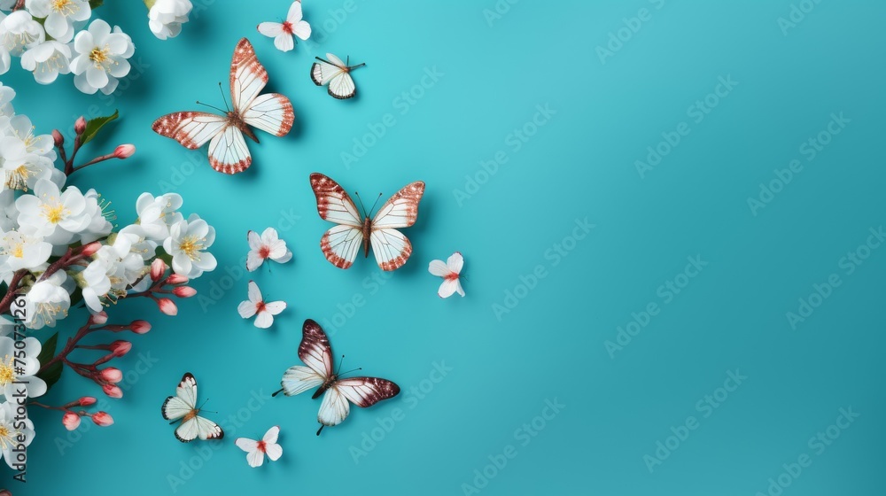 White Flowers Bouquet and Butterflies on Blue Background