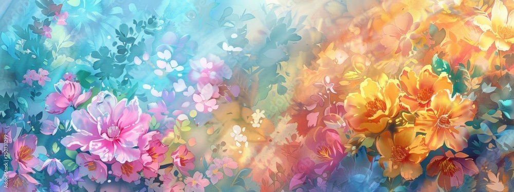 dreamy, watercolor background featuring vibrant blossoms in various stages of bloom. The colors should transition from soft pastels to more vivid hues