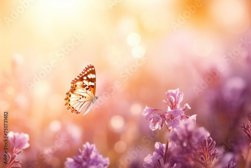 Butterfly Flying Over Field of Purple Flowers