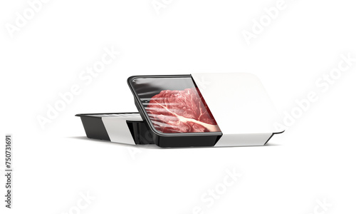 Blank transparent plastic beef tray with white label mockup stack