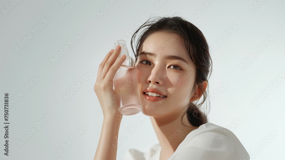 Female during Korean skincare routine, focusing on cleansing and moisturizing. Female during Korean skincare routine, focusing on cleansing and moisturizing.