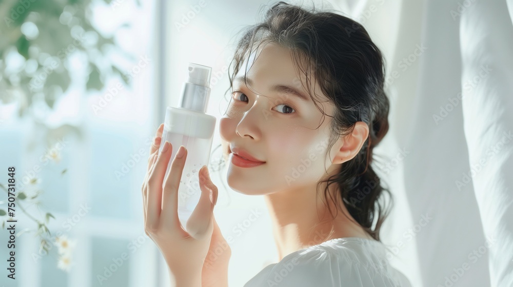Female during Korean skincare routine, focusing on cleansing and moisturizing. 