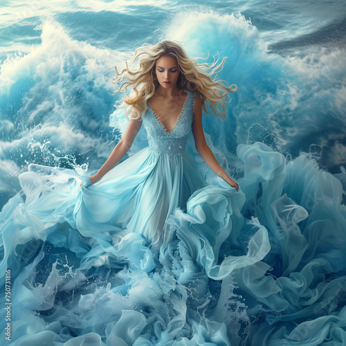 A beautiful woman in a long blue dress on the ocean background