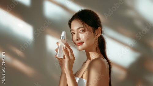 Female during Korean skincare routine, focusing on cleansing and moisturizing. 