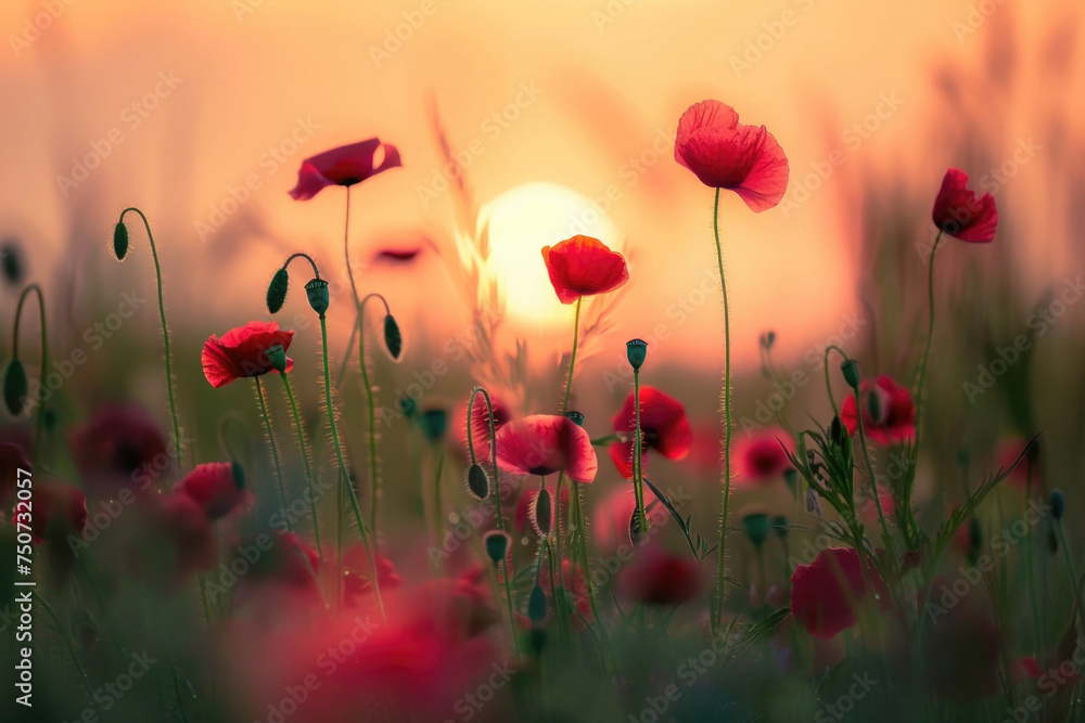 Obraz premium Beautiful meadow with red poppy flowers in the sunset light