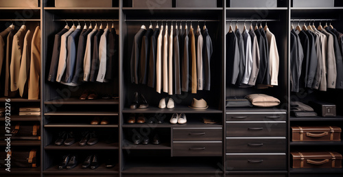Modern businessman home big wardrobe with plenty of classic man suits, shirts, fancy leather shoes and hats interior design closet image luxury accessories, business people and fashion concept.