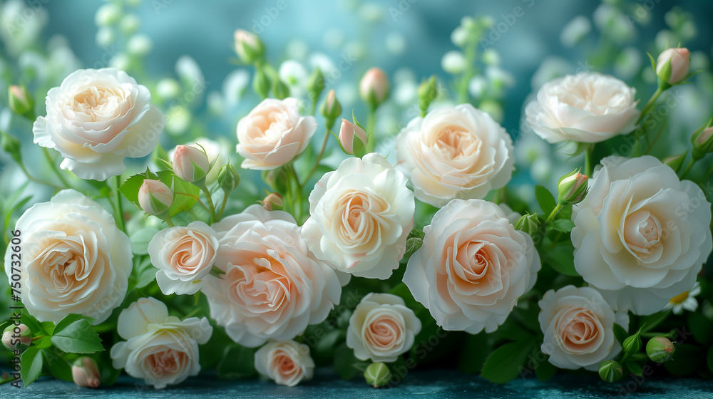 Beautiful white spring flowers on a blue background.