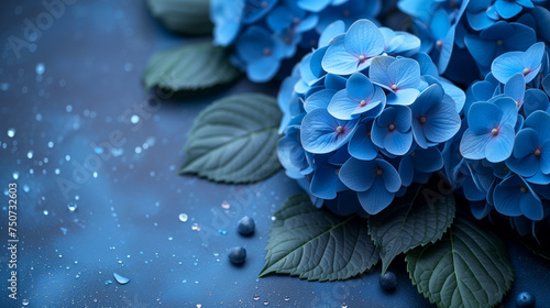  Blue Hydrangea flowers and green leaves on blue background with copy space.