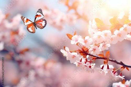 Butterfly Flying Over Blooming Flowers