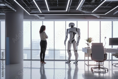 Businesswoman brainstorm with AI robot for solving problem together in the office, automation and technology concept. 
