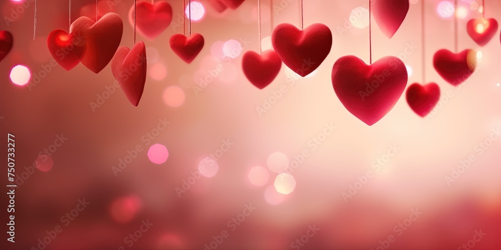 Valentine's Day background. Heart shape decor on a blurred Background for Valentine's Day. Romantic heart shape hanging for Valentine's Day celebration