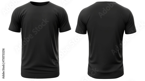 Set of black tee t-shirt isolated on white background. Front and back view. 3d rendering