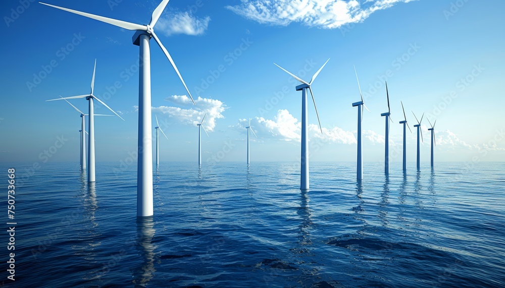 Renewable energy from offshore wind farm in vast blue ocean with white turbines under clear skies. Renewable energy from offshore wind farm in vast blue ocean with white turbines under clear skies.