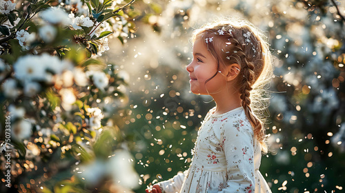 Llittle girl enjoying view of blossoming trees and falling petals.