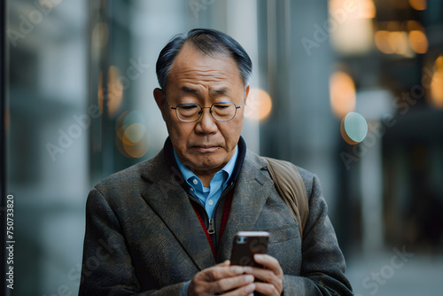 Worried senior asian male office worker businessman standing outside and using mobile phone. Disappointingly looks at the screen photo