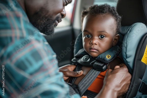 A man carefully fastening a baby boy into a car seat in a vehicle.