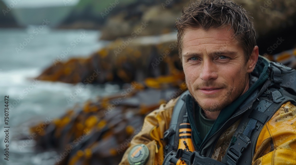 Marine Biologist by the Ocean, editorial photography - A marine biologist in field gear, arms crossed, smiling with the ocean and marine life in the background. Marine Biologist by the Ocean, editorial photography - A marine biologist in field gear, arms crossed, smiling with the ocean and marine life in the background.