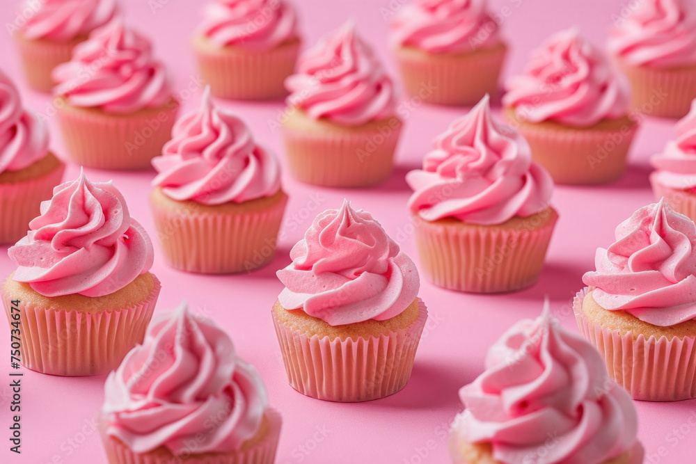 Delicious pink cupcakes with frosting on top arranged on a pink background, top view