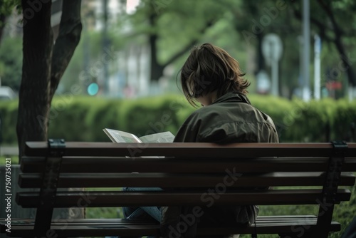 someone reading a book on a park bench in a relaxed setting © PixelPioneerX
