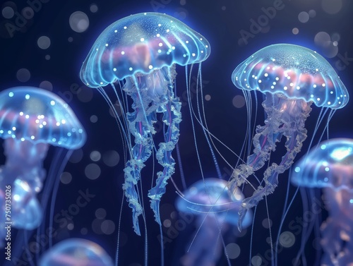 A serene underwater scene of mesmerizing jellyfish, glowing with an ethereal beauty in the deep blue sea © cherezoff