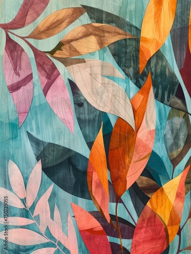 A painting featuring detailed, vibrant leaves set against a solid blue background. The leaves vary in shape and color, creating an artistic composition that stands out.