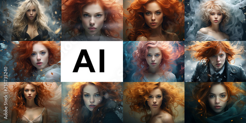 Generative AI photo examples collage. Artificial intelligence photography sample set. Group of abstract fashion female close-up portrait. Fantasy and dream style. Digital art concept