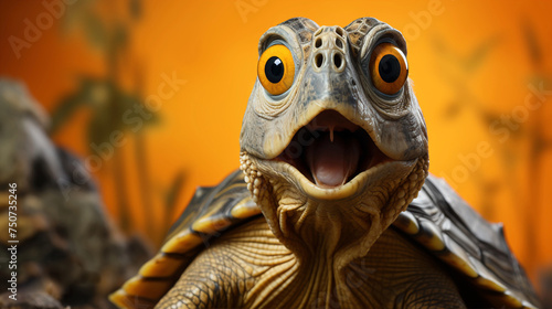  A very nice and funny talking turtle. Turtle with a surprised face and open mouth looking at the camera. Funny animal. Background with copy space.