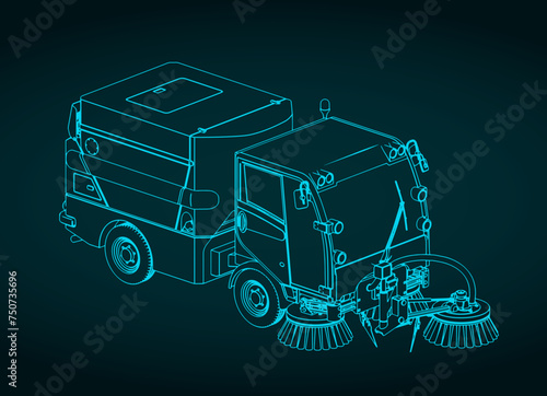 Street sweeper truck isometric blueprint
