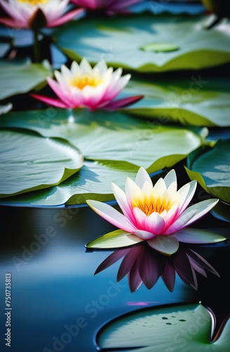 A panoramic photorealistic serene backdrop illustration view of Water Lilly flowers in blossom floating in a pond , featuring a soft focus in a banner poster format.