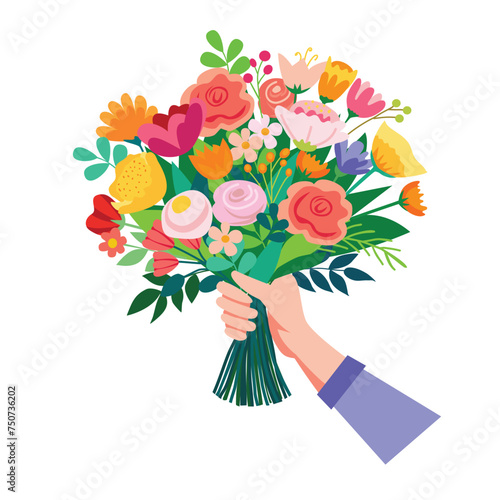 A bouquet of flowers in her hand. Vector illustration on white background. Colorful, various flowers.