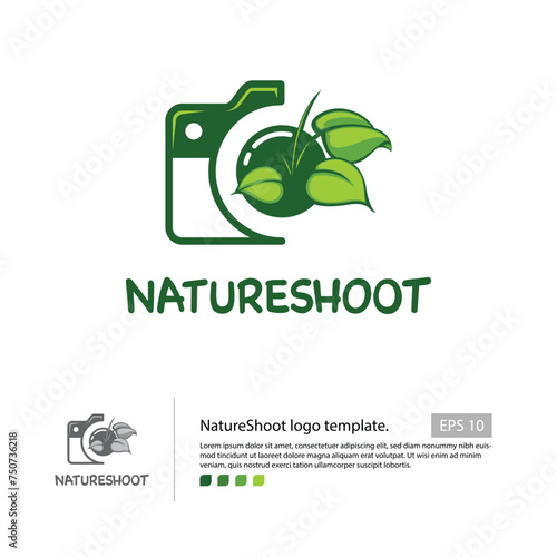 Nature shot logo template with a simple camera and a leaves in the lens for you nature photography logo.