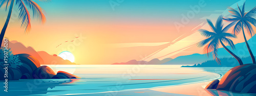 A vibrant sunset on the beach wallpaper banner background.