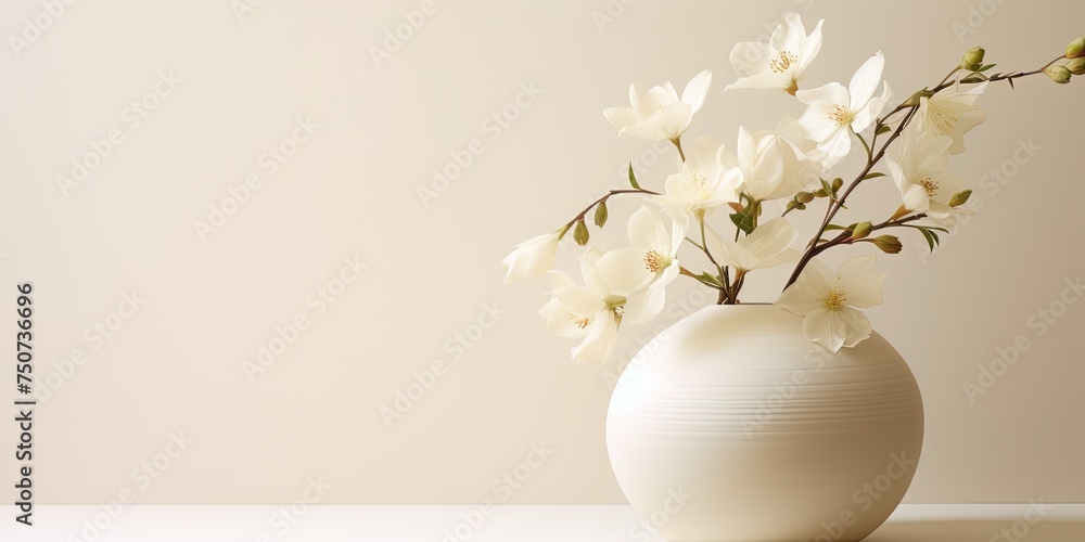 Soft-toned image of delicate white flowers in a round minimalist beige vase on a white surface