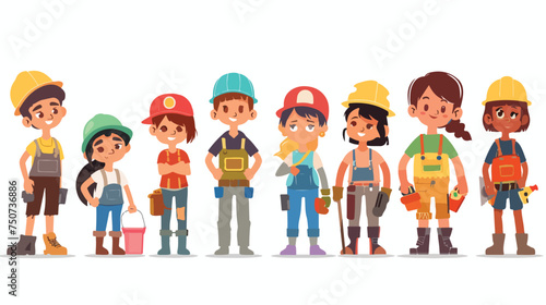 Team of happy children working as constructors 