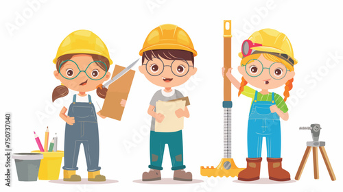 Team of happy children working as constructors Flat 