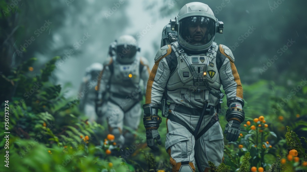 Advanced Mission Imagery: Space Explorers in Futuristic Suits Among Alien Ecosystems, Dynamic Lighting Advanced Mission Imagery: Space Explorers in Futuristic Suits Among Alien Ecosystems, Dynamic Lighting