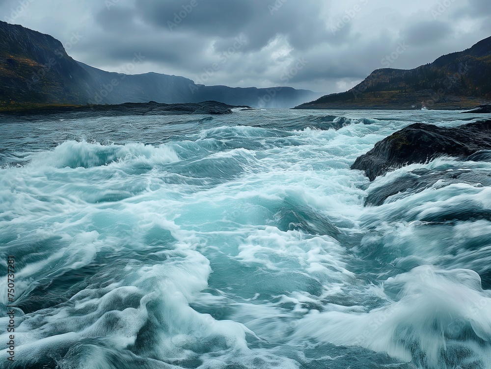 A powerful whirlpool forms where river and sea waters meet, under a dramatic sky