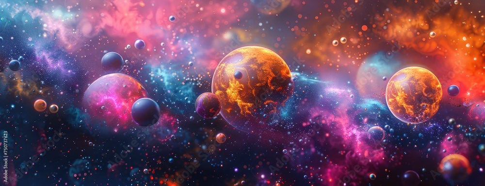 Abstract Space Odyssey: High-Resolution Art Installation Featuring Geometric Shapes, Astral Bodies, and Neon Nebulas Abstract Space Odyssey: High-Resolution Art Installation Featuring Geometric Shapes, Astral Bodies, and Neon Nebulas