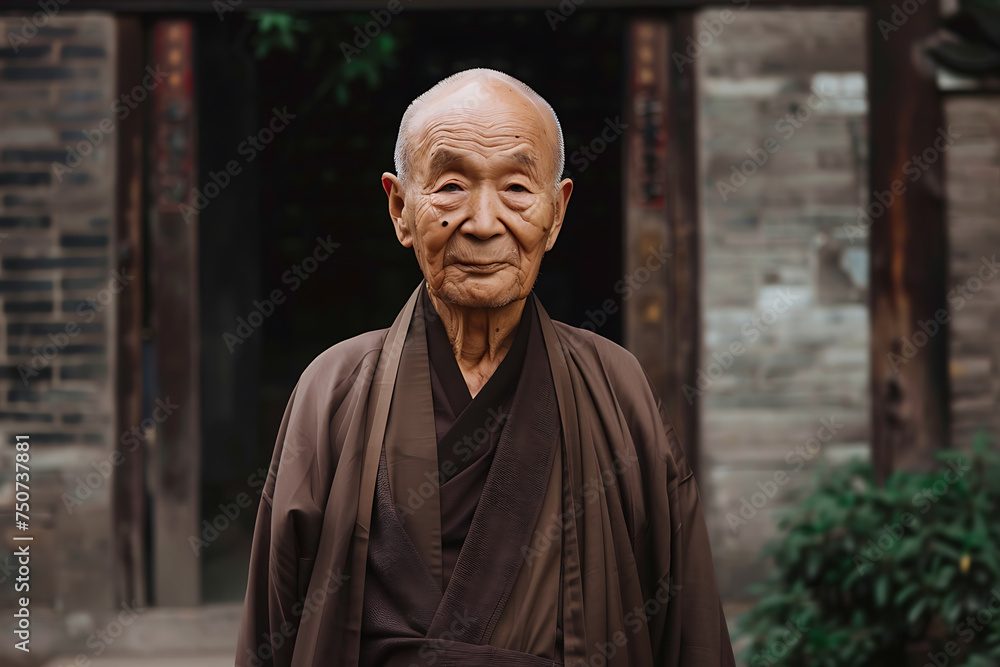 a Chinese old man wearing a monks robe a Chinese old man wearing a monks robe